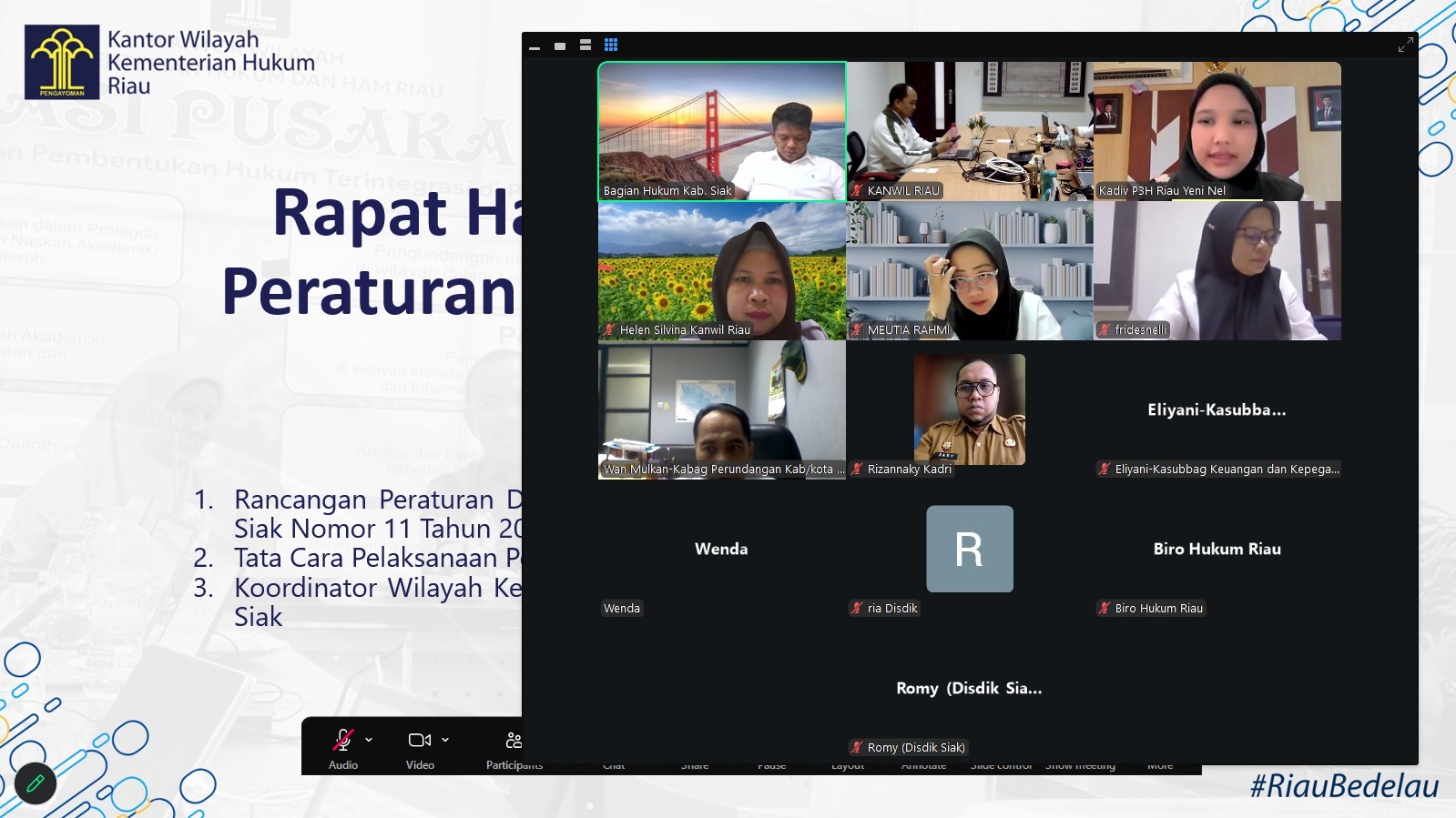 Kakanwil Kemenkum Riau Beri Dukungan Penuh Rapat Pengharmonisasian, Pembulatan dan Pemantapan Konsepsi Ranperda dan Ranperbup Siak Hijau