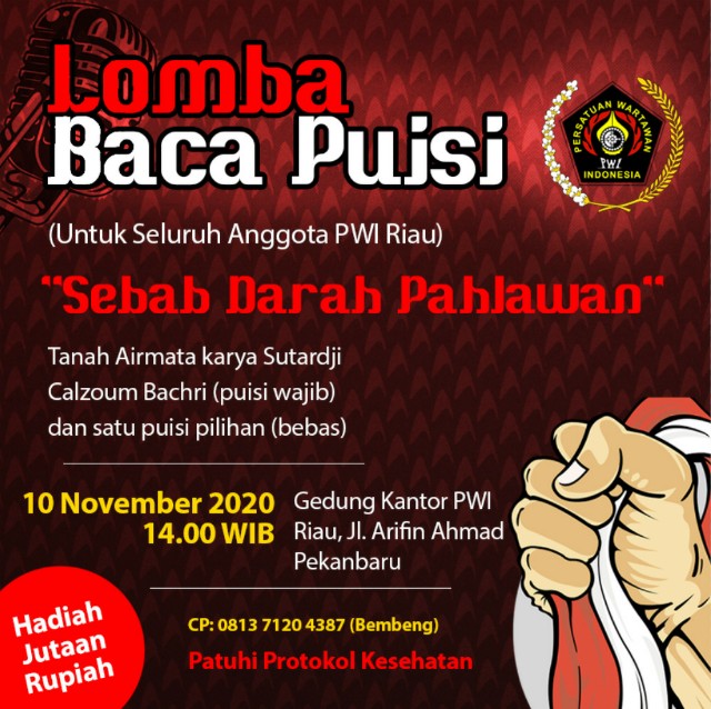 Sempena Hari Pahlawan,  PWI Riau akan Gelar Lomba Baca Puisi Antar Wartawan