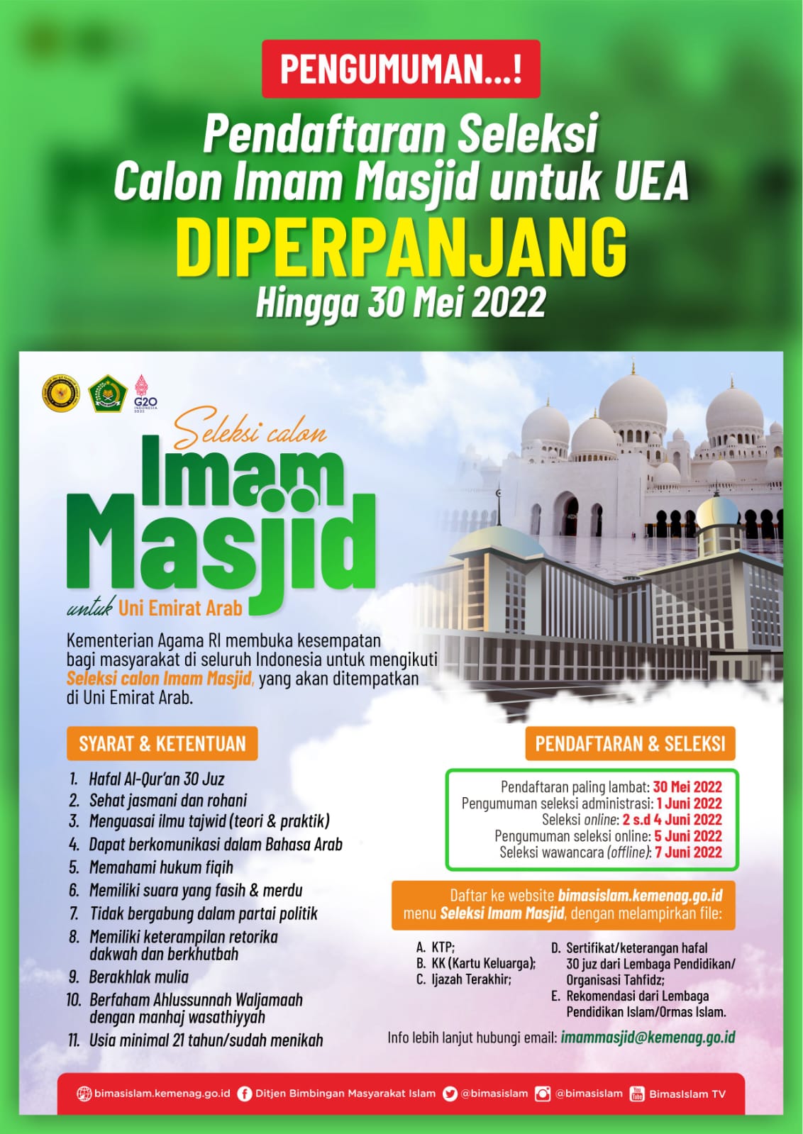 Kemenag Perpanjang Seleksi Imam Masjid untuk UEA Hingga 30 Mei 2022