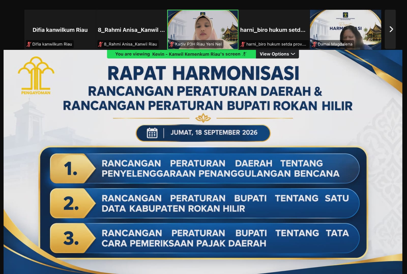 Kanwil Kemenkum Riau Harmonisasi Tiga Rancangan Peraturan Kabupaten Rohil