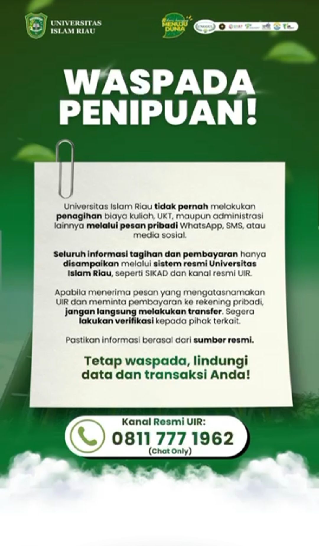 Waspada Penipuan!, UIR Tegaskan Tidak Pernah Menagih UKT Melalui WhatsApp, SMS Maupun Medsos