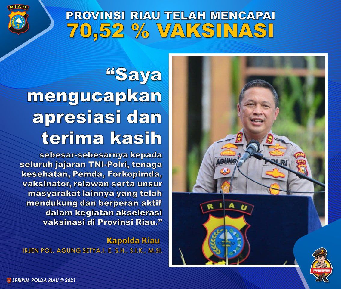 Capaian Vaksinasi Sudah 70,73 Persen, Kapolda: Terimakasih Seluruh Masyarakat Riau